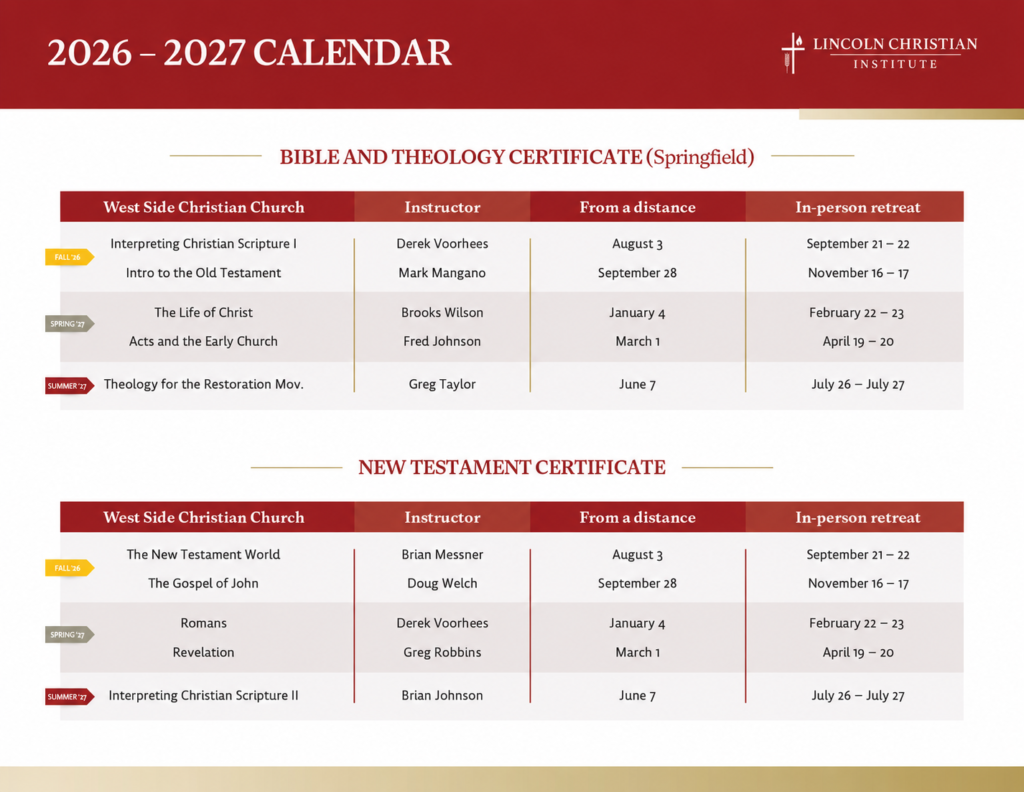 2026–2027 calendar for Lincoln Christian Institute Bible and theology and New Testament certificate course dates