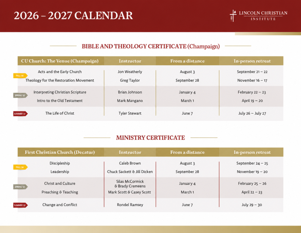 2026–2027 Lincoln Christian Institute calendar with Bible and Theology and Ministry certificate course dates