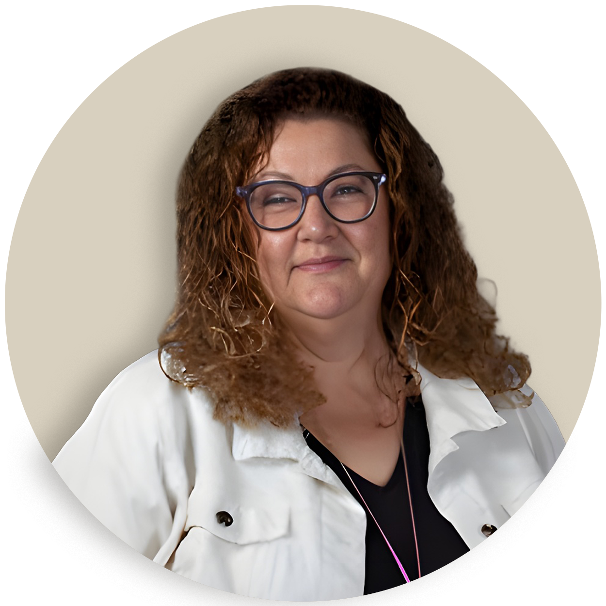Portrait of Jennifer Love wearing glasses and a white jacket on a beige background